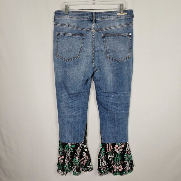 ANTHROPOLOGIE PILCRO Bell Bottom Jeans MEDIUM Wash BLUE w Floral Lace size 30 - Picture 8 of 10